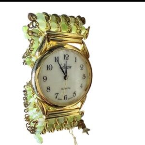 Source Unknown Gold Tone Watch with Pale Green Beaded Strap
